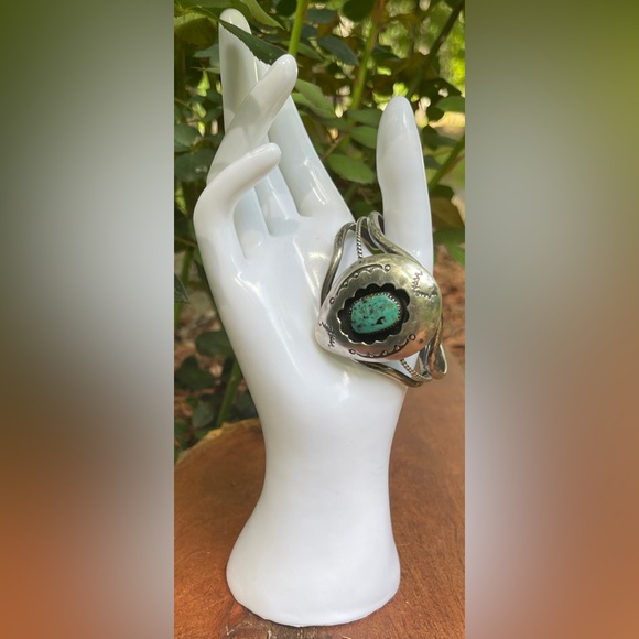Native American Silver Turquoise Cuff Bracelet Signed - Picture 4 of 5